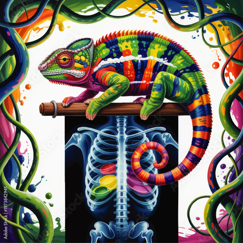 Vibrant chameleon anatomy illustration with colorful reptile perched above xray skeleton, surreal jungle art on transparent
