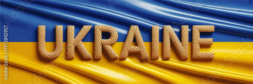 Ukraine Text in Wheat Texture on Flowing Blue and Yellow Flag Background, Patriotic Support Banner for Freedom and Solidarity