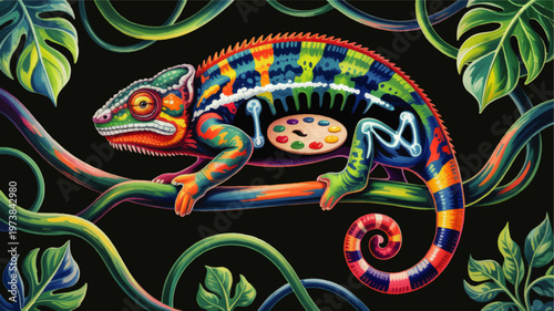Vibrant rainbow chameleon with artist palette in jungle vines, surreal tropical animal illustration on dark background