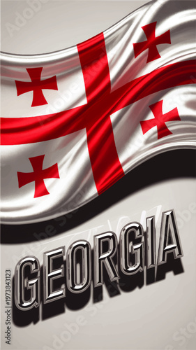 Waving Georgia Flag Above Metallic Georgia Typography, Patriotic Red and White National Symbol Illustration Background