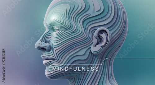 Mindfulness concept with 3d human head in blue hues and wavy lines on face and scalp its illustration only