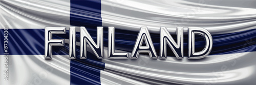 Finland Flag Background with Metallic Finland Text, Waving National Banner in Blue and Silver Patriotic 3D Illustration
