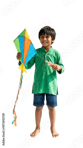 Child flying kite isolated on white background