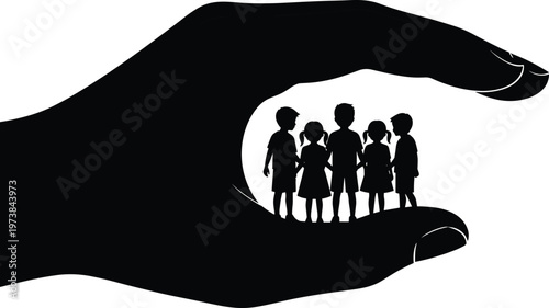 Black silhouette of a large protective hand cradling five small children holding hands, representing safety, care, protection, and social support.