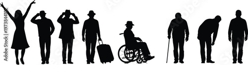 Gardener silhouette set featuring male laborers raking leaves, watering plants, digging, and planting for backyard landscaping, yard work, and horticulture.