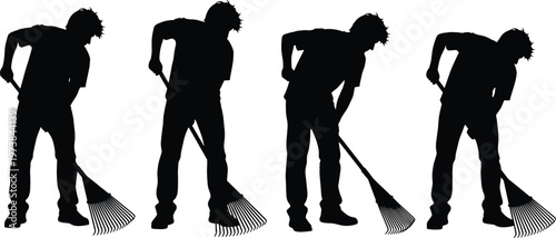 Male gardener silhouette set featuring a laborer raking leaves, cleaning debris, and working in a garden for landscaping and maintenance