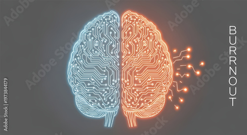 Circuit board brain split into glowing blue and orange halves with burnout concept on dark background its illustration only