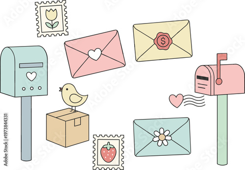 Colorful vector illustration of pastel mail elements symbolizing communication, connection, and charm