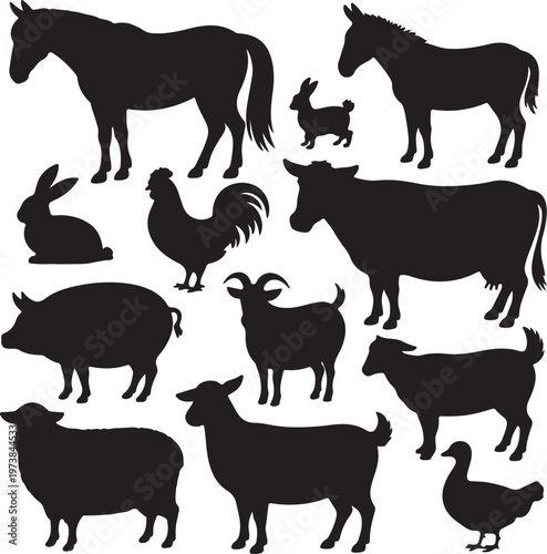 A diverse collection of black silhouettes featuring common farm animals on a bright white background
