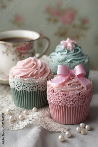 Charming cupcakes with pastel frostings and elegant details create a delightful scene for any dessert lover