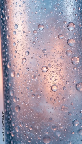 Close-up of water droplets on glass with soft, minimalist lighting