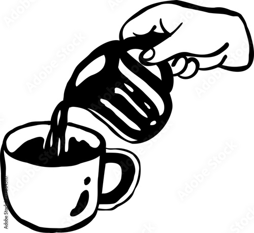 Hand pouring coffee into a cup, hand-drawn line art with natural imperfect lines. Minimalist vector illustration of a single espresso or coffee pour from a coffee maker into a cup.