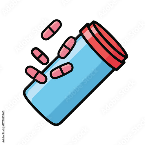Pink medication capsules spill out of a blue and red bottle.