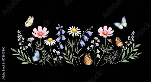 Watercolor illustration of colorful wildflowers and butterflies on a black background