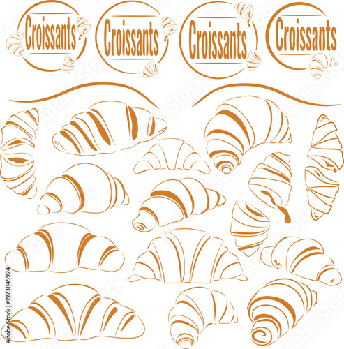 Vector set of croissants with hand drawn lines and logos. vector illustration with different types of croissants and logos