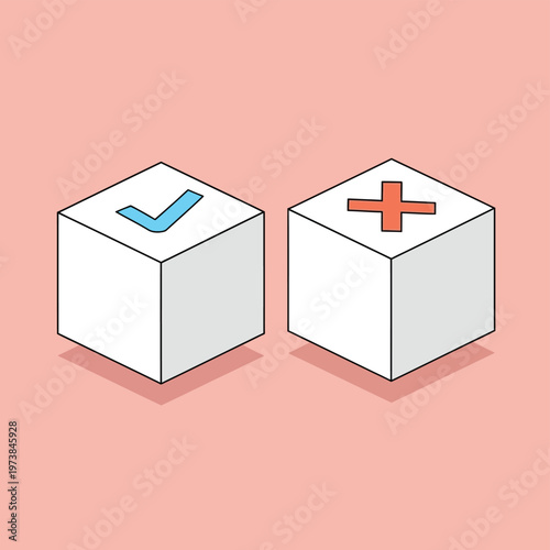 Two isometric cubes with a checkmark and a cross symbol on a pink background.