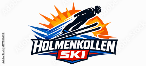 Dynamic Holmenkollen Ski logo featuring a professional ski jumper in flight, ideal for winter sports events, athletic branding, and Norwegian skiing championships