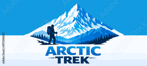 Epic Arctic Trek landscape featuring a solitary hiker ascending a massive snowy mountain peak, representing adventure, exploration, and the spirit of mountaineering