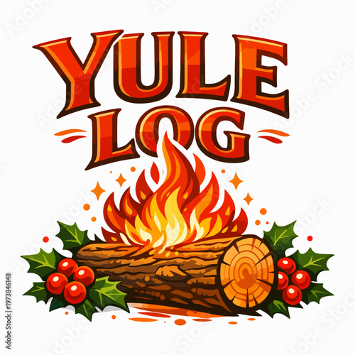 Festive Yule Log illustration with a blazing fire, holly leaves, and red berries, capturing the traditional spirit of winter solstice and Christmas celebrations