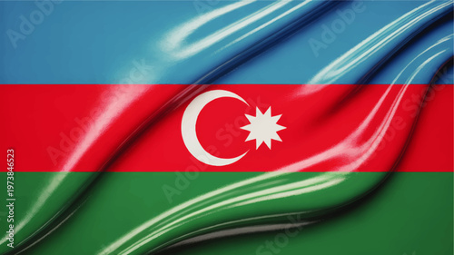 Glossy Waving Azerbaijan Flag Background with Crescent and Star, Vibrant National Colors, Patriotic Symbol Texture