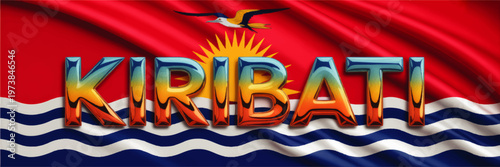 Kiribati Flag Inspired Illustration with Bold 3D Typography, Golden Sun, Frigate Bird and Ocean Waves in Vibrant Red Blue