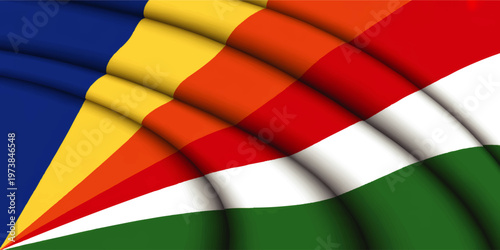 Waving Seychelles flag close up background, detailed national colors fabric texture, patriotic island nation banner illustration