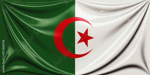Waving Algeria flag with green and white fields, red crescent and star, glossy fabric texture, national symbol background
