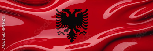 Glossy Albania Flag Background with Black Double Eagle Symbol, Wavy Red National Banner Illustration for Patriotic Design