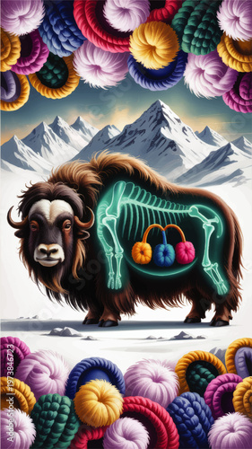 Stylized Himalayan Yak with Glowing Skeleton and Colorful Wool Earmuffs in Snowy Mountain Landscape Illustration
