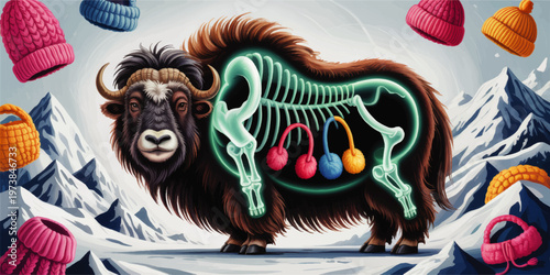 Anatomical yak illustration with glowing skeleton in snowy mountains, winter hats and wool accessories, surreal educational art