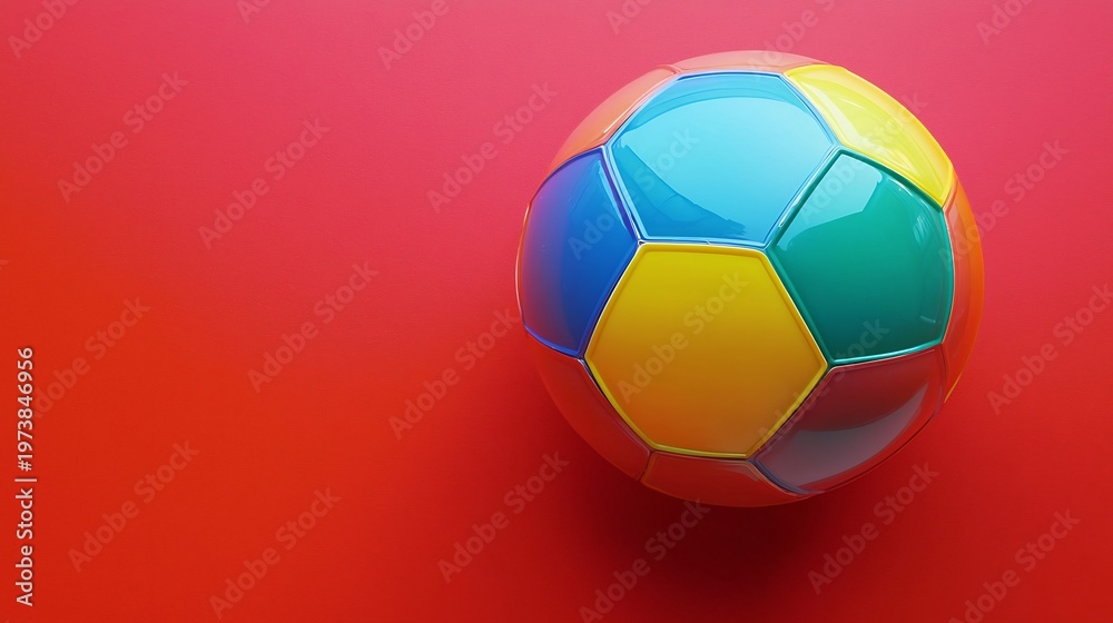 Fototapeta premium Vibrant colorful soccer ball on a bright red background, digital art, 3D render