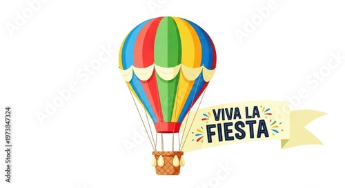 A colorful hot air balloon with a banner that reads Viva La Fiesta in a festive and celebratory atmo
