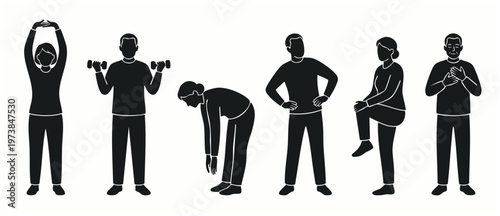 People Exercising Silhouette Set for Physical Therapy and Fitness Training, Featuring Seniors Performing Stretching, Strength Exercises, and Recovery Movements for Health and Wellness Lifestyle Activi
