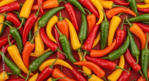A vibrant and colorful assortment of chili peppers on a red background with a white border at the bo