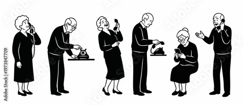 Senior people using telephones and smartphones, black and white vector illustration set. Elderly characters talking on vintage rotary phones and modern mobile devices, communication and technology con