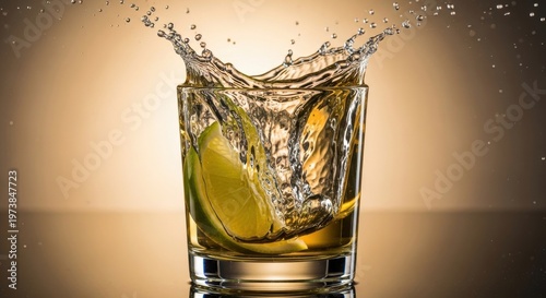 A refreshing drink with a slice of lime being dropped into a clear glass on a brown background with