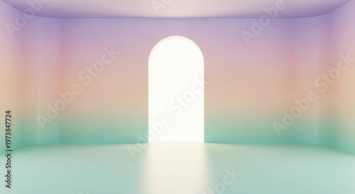 a brightly lit room with a large archway in the center of the wall with a floor and walls that are c