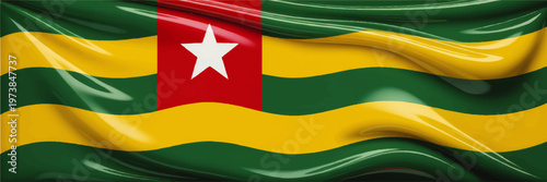 Glossy Waving Togo Flag Background with Green Yellow Red Stripes and White Star, Patriotic National Banner Illustration
