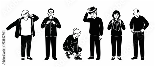 Elderly people getting dressed set, seniors putting on clothes and accessories, black and white minimalist line art illustration collection of senior lifestyle daily routine and personal care activiti