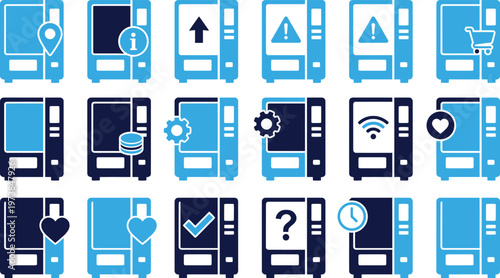 Vending machine icons with features like location info arrow payment lock.