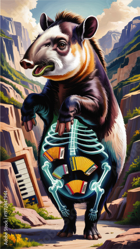 Surreal tapir anatomy illustration with glowing skeleton and accordions in canyon landscape, whimsical fantasy animal art