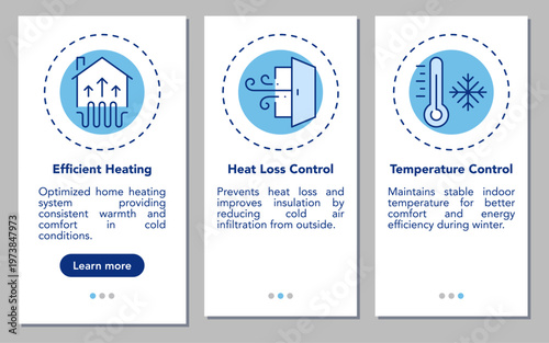 Home heating and insulation feature cards UI set with house warmth, heat loss control and temperature regulation concepts, linear icons minimal layout flat vector illustration for web and app design.