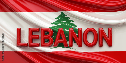 Lebanon Text on Waving Lebanese Flag Background with Cedar Tree Symbol, Glossy Red Typography, Patriotic National Banner Design