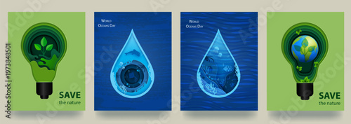 A set of Earth and Ocean Day posters. Let s save the Earth and the ocean in paper cut style. Templates for backgrounds, banners, postcards, or posters with text. Vector illustration.