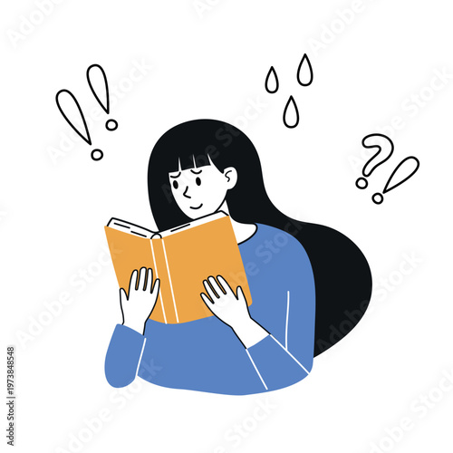 Young girl in blue clothing reads book very attentively, asking questions. Doodle vector illustration for education, learning