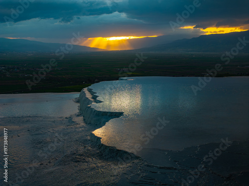 Sunset in the Pamukkale Travertines Drone Photo, Pamukkale Denizli, Turkiye (Turkey)