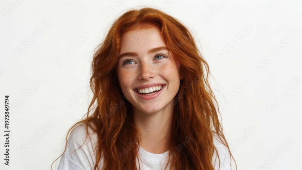 Naklejka premium Red haired woman smiling in white studio background
