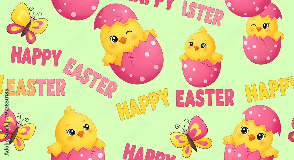 Naklejka premium Vibrant Easter eggs nestled in lush green grass, a cheerful spring meadow adorned with bright yellow daffodils, festive holiday celebration, seasonal floral display.
