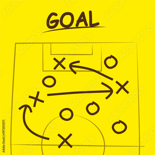 Vector illustration of a football strategy with player icons and arrows explaining tactics and team movement. Football field plans with strategic markings.