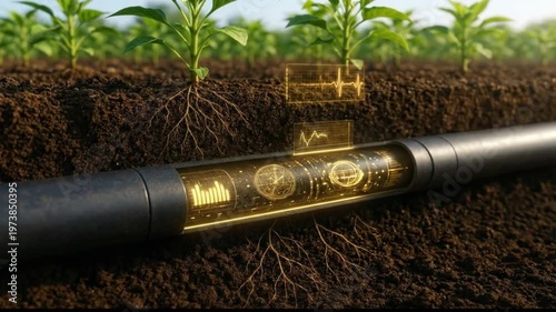 Advanced agricultural technology showing a smart pipe system monitoring soil and plant health with futuristic data visualizations